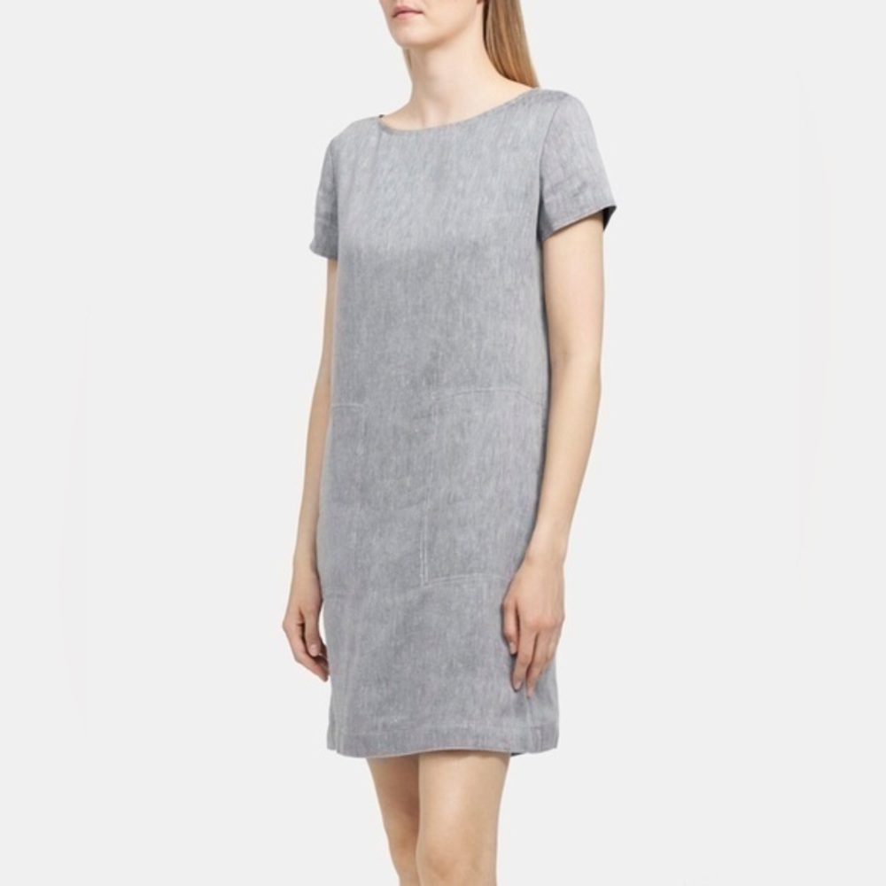 Theory Structured Twill Linen-Blend Shift Dress Grey Size 10